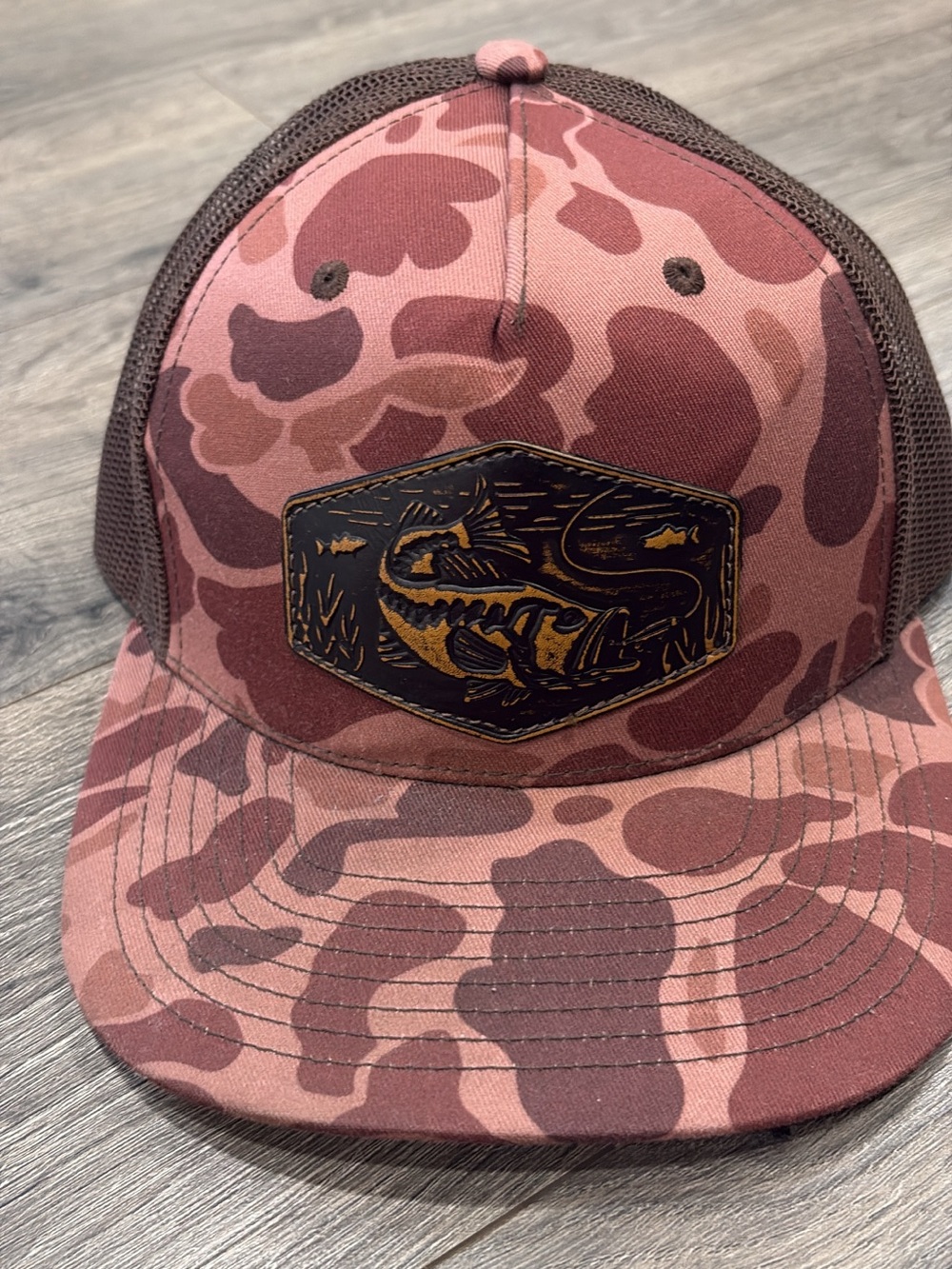 Brown Camouflage Trucker Hat with Fish Patch